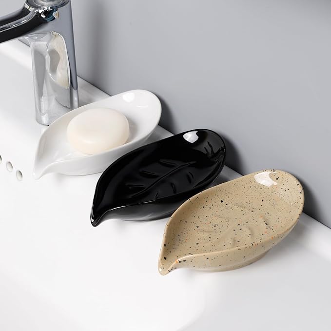 Soap Holder, Self Draining Soap Dish, Leaf Shape Bar Soap Holder Ceramic Drain Soap Dishes for Bathroom Sink Shower Kitchen, Easy to Clean Keeps Soap Dry, ANTIS'S HOME
