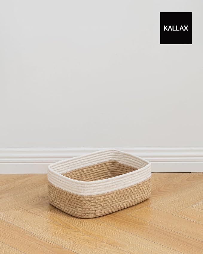 Small Woven Basket, 13.5 x 9.5 x 5 Inches, Storage Basket for Organizing, Cute Small Rope Shelf Closet Cube Storage Bins Baskets for Shelves, Dog Toy Gift Baskets Empty, 3 Pack White & Brown