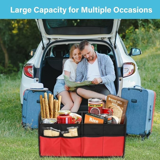 Simple Deluxe Trunk Organizer for Car/SUV/Truck, Collapsible 2 Compartment Automotive Storage Box, 600D Waterproof Oxford Polyester 50L Travel Accessories, Anti-slip & Leak-proof, Red New