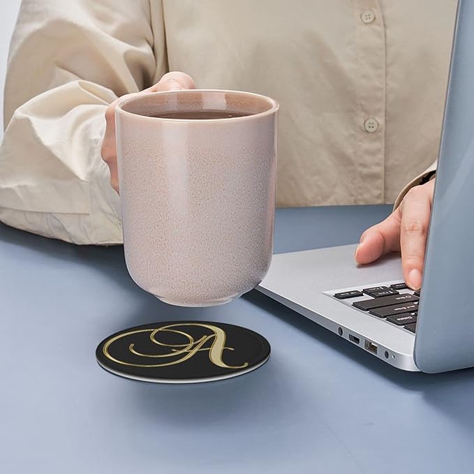 Famame 6 Pcs Shiny Letter A Gold Print Leather Coasters for Drinks with Holder Coaster Sets Drink Table Cup Coasters for Living Room Kitchen Coffee Decor