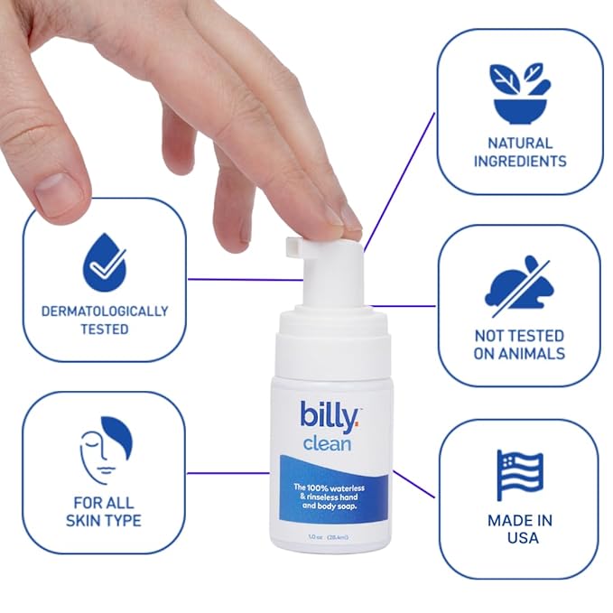 Billy Clean Little 3-pack 100% Natural No Rinse Waterless Soap, Hand and Body, Travel Size Foaming Hand Washer, Alcohol Free, Elderly and Kids