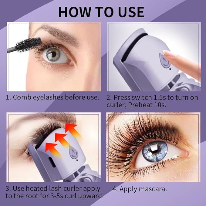 Heated Eyelash Curler, Fast 5s Heat up, 24 Hours Long Lasting, Rechargeable Electric Lash Curler, Temperature Control, Safe Anti-Burn Eye Lash Curler, Quick Natural Curling Lashes (Purple-1)