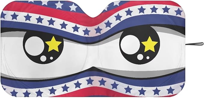Cute Big Eyes Car Front Windshield American Flag Sun Shade Block UV Rays Sun Shade for UV Protection Foldable Front Window Cover Sun Visor Protector Accessories for Cars Truck SUV