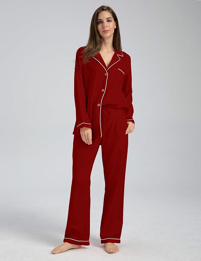 Womens Pajama Sets 100% Double Gauze Cotton Linen Like Muslin Pajamas Long Sleeve Button Down Sleepwear Soft Pjs Lounge Set