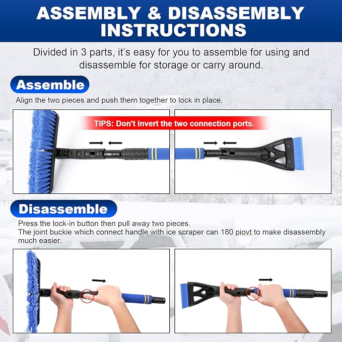 BFONS 2Pack Ice Scrapers for Car Windshield, 2-in-1 Snow Scraper and Snow Brush for Car SUV Truck, Car Ice Windshield Scraper for Ice and Snow with 360° Pivoting Brush and Ergonomic Foam Grip Blue