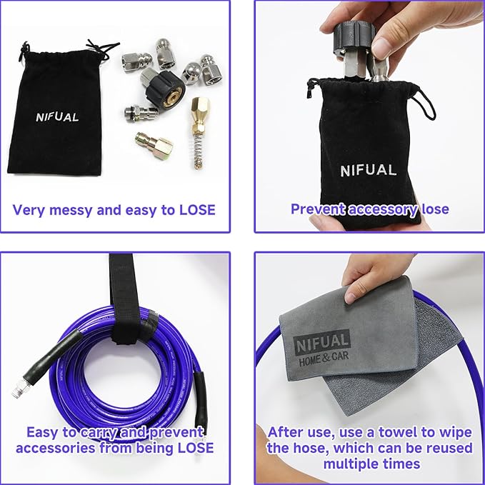 NIFUAL 25FT Sewer Jetter Kit for Pressure Washer, 5800PSI Drain Cleaner Hose 1/4 Inch NPT Corner, Rotating and Button Hose Sewer Jetting Nozzle Waterproof Tape Pearl Corsage Pin Spanner Glove