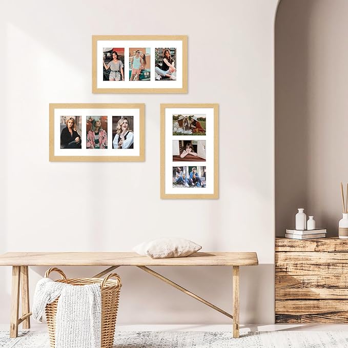 8x14 Collage frame with 3 Openings 4X6 Pictures, Multiple Picture Frame with Mat, Wall or Tabletop Decor, Natural Grain (1 Pack)