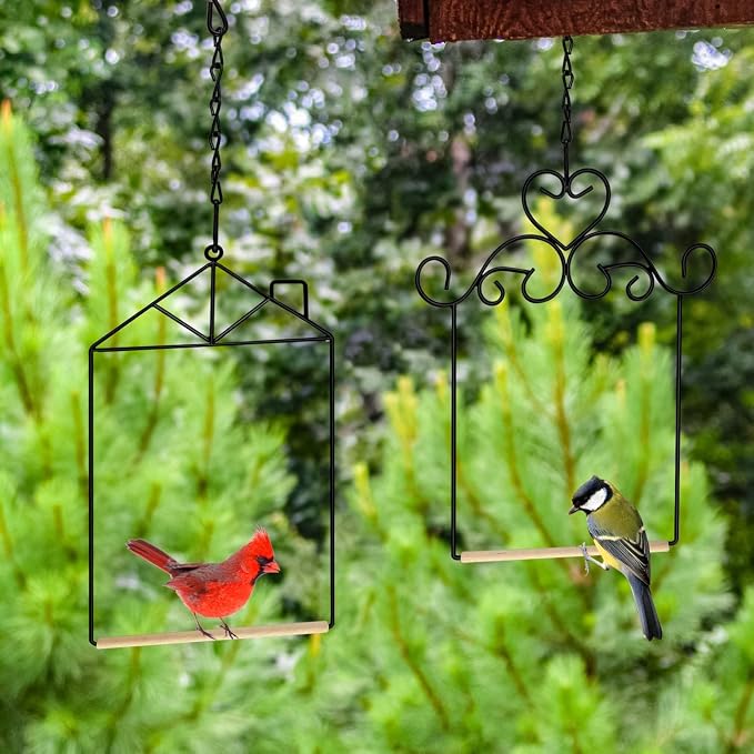 Metal Frame Hummingbird Swings and Perches with Wooden Dowel Black Bird Swing Outdoor Bird Perch Humming Bird Swing (3PK Different)