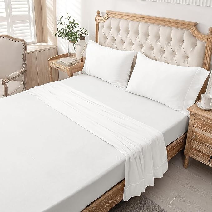 PURE ERA Jersey Knit 4pc Bed Sheet Set 100% T-Shirt Cotton Super Soft Comfy Breathable Fits Mattress Up to 20" Extra Deep Pocket (Solid Bright White, Cal King)
