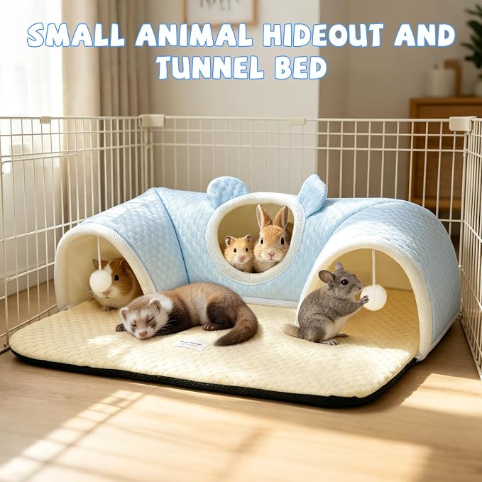 YUEPET 3-Way Bunny Tunnel Bed, Rabbit Play Tunnel for Medium Small Bunnies | Rabbit Tunnels for Indoor Bunnies, Removable Washable Cover, Anti-Slip Bottom, 29.5 x 21.7 in, For Guinea Pigs, Blue