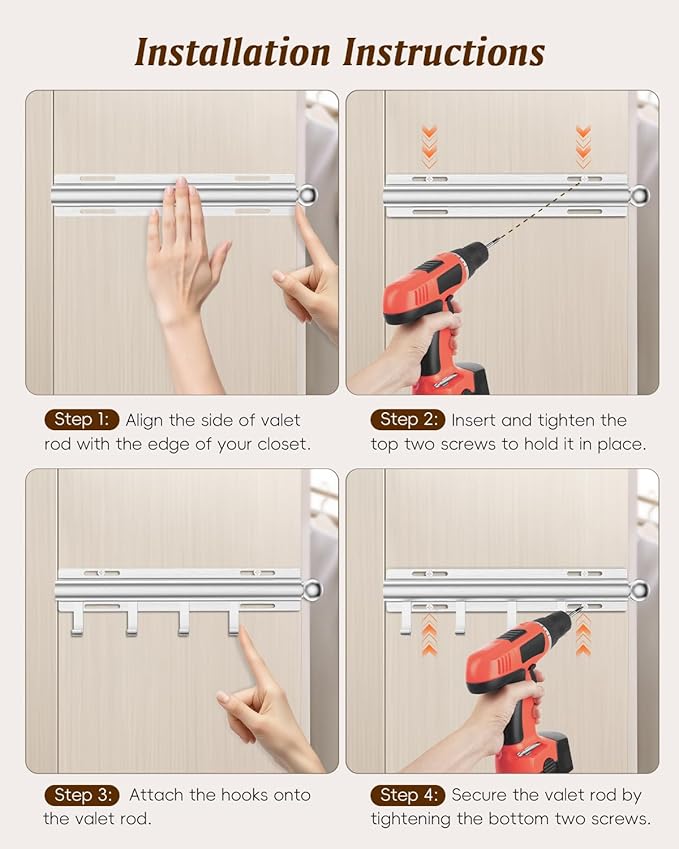Valet Rod for Closets, 12" Valet Rod With 4 Hooks, Closet Organizer Slide Out Clothing Hanger Rods Extender Perfect for Suits,Dresses,Belt,Tie, Polished Chrome