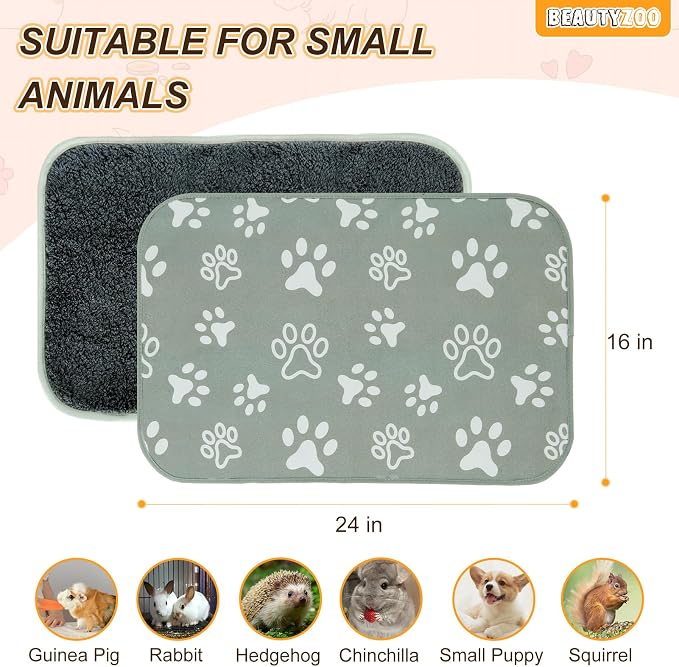 BEAUTYZOO 2 Pack Washable Reversible Guinea Pig Cage Liners, Fleece Bedding | 16x24" Fleece Cage Liners, Waterproof Leakproof Super Absorbent Washable Reusable Pee Pads for Guinea Pig, Rabbit, Hamster