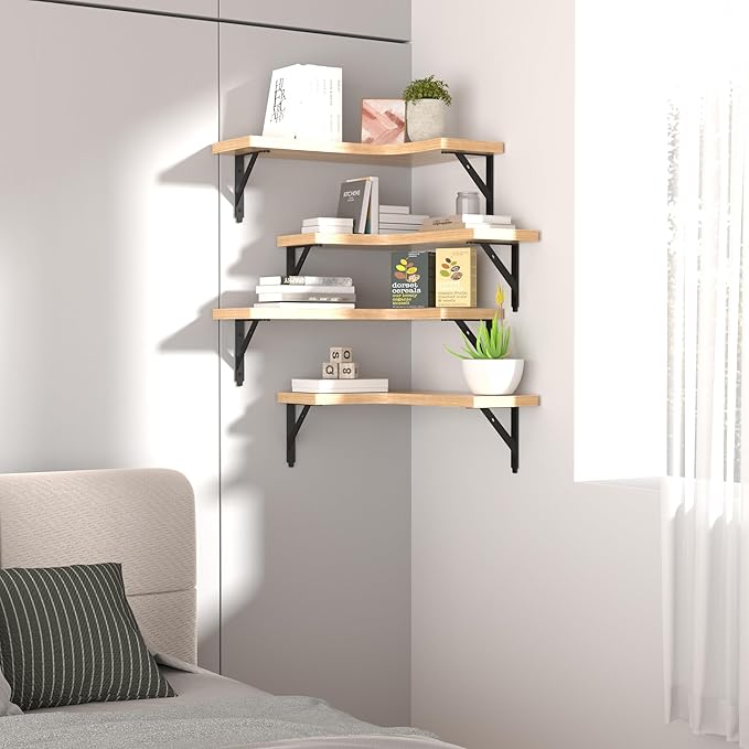 ROMGUAR CRAFT Corner Floating Shelves Wall Mounted Set of 4, Rustic Wood Storage Display Wall Shelves for Home Decor, Bathroom, Kitchen, Bedroom, Living Room, Office (Natural)