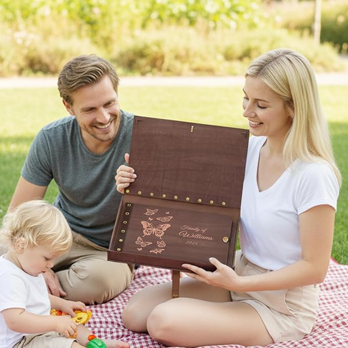 Personalized Wooden Memory Book, Photo Album 4x6 with Writing Space, DIY Family Photo Album Binder, Wedding Scrapbook Engagement Photo Book for Custom Honeymoon Gift