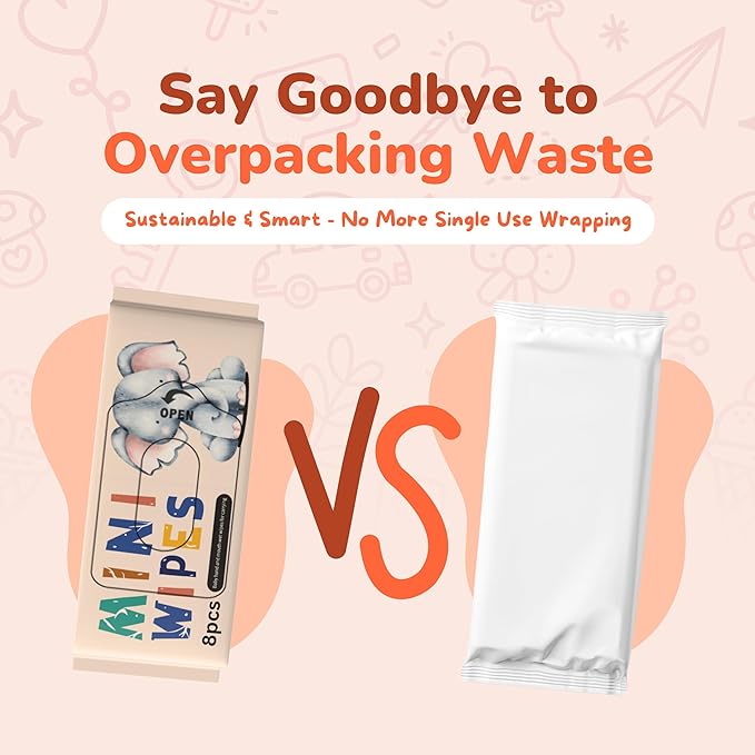 Mini Wet Wipes - Alcohol & Fragrance Free, Safe for Babies & Kids - 16 Bags Total 128 Wipes (Sunset Elephant)