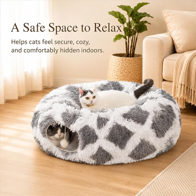 Warm Fluffy Plush Cat Tunnel Bed with Washable Cushion- Big Tube Playground Toys 3 FT Diameter Collapsible, for Indoor Cat Kitty Kitten Puppy Rabbit Ferret Gray-White Diamond Pattern
