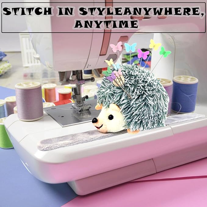 Cute Hedgehog Wrist Pin Cushion for Sewing with Magnetic, Snap Bracelet Wrist Bands for Pins and Needles Include 50 Lovely Butterfly Straight Pins.