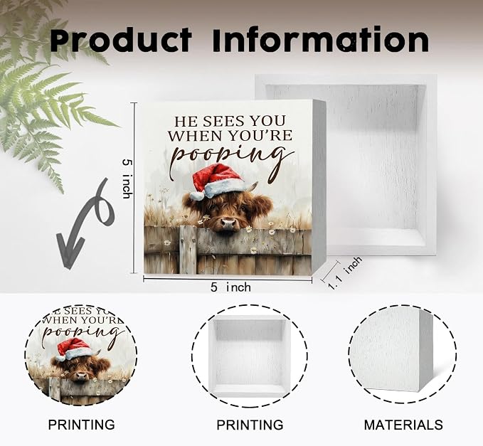 Christmas Highland Cow Bathroom Decor Sign - Farmhouse Western Christmas Animal Bathroom Decor,Rustic Farm Animal He Sees You When You're Pooping Signs,Highland Cow Gifts for Women