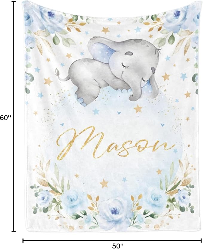 Custom Elephant Blanket with Name for Boys, Personalized Name Blanket for Teen, Soft Flannel Elephant Blankets Customized Gift for Birthday 50"x60"