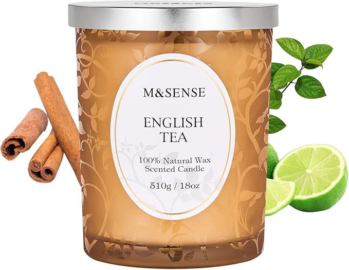 M&SENSE Earl Grey Tea Scented Candle, Cracking Wooden Wick Soy Wax, 18oz 100 Hours Long Lasting Clean Burn, Large Jar Candles for Home Decor, Non-Toxic Relaxing Winter Aromatherapy Gifts for Women