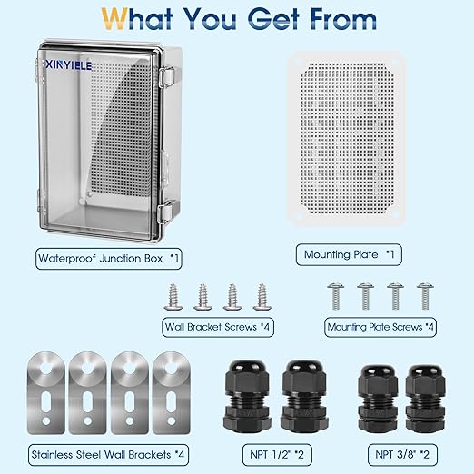 Waterproof Outdoor Project ABS Plastic Junction Box IP67 Weatherproof Dustproof Enclosure with Hinged Cover, Mounting Plate,Wall Brackets for Power Project (Clear, 11"x7.5"x5.5")