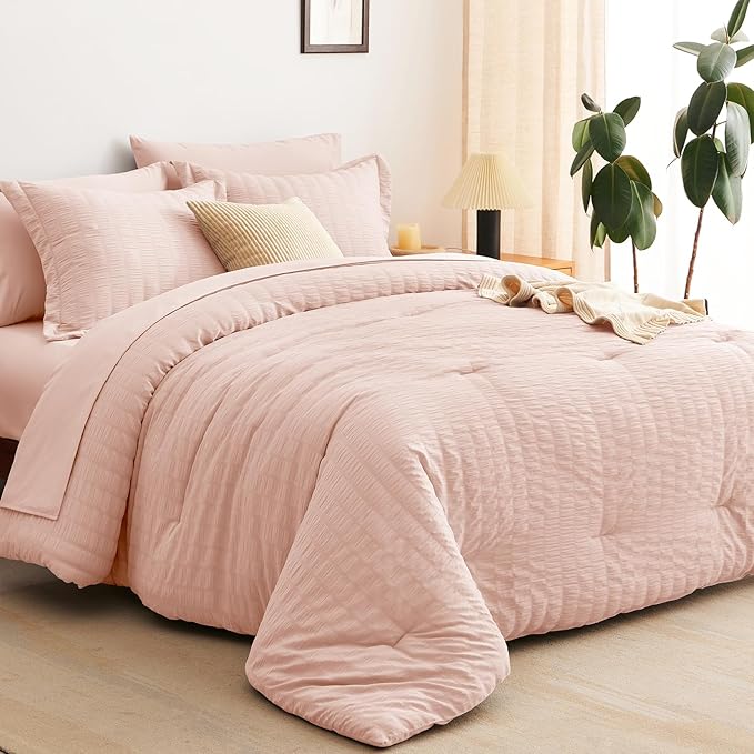 CozyLux Twin XL Comforter Set with Sheets Seersucker Blush Pink 5 Pieces Bed in a Bag, Twin Extra Long Luxury Bedding Sets for College Dorm with Down Alternative Comforter, Sheets, Pillowcases & Shams
