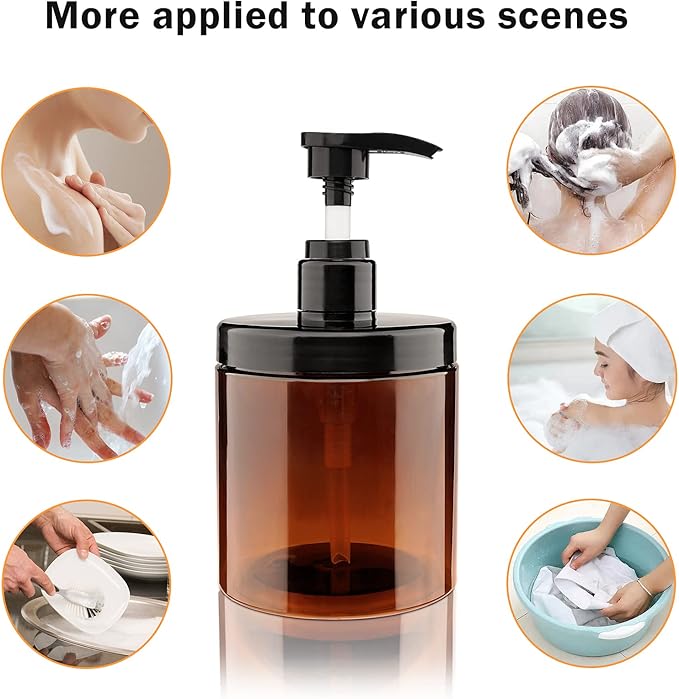 Pump Bottle Dispenser 3 Pcs 600ml/20oz Refillable Plastic Pump Bottles Wide Mouth Jar Style BPA Free Empty Pump Bottles Bathroom Shower Containers for Lotion Shampoo Conditioner (Brown)