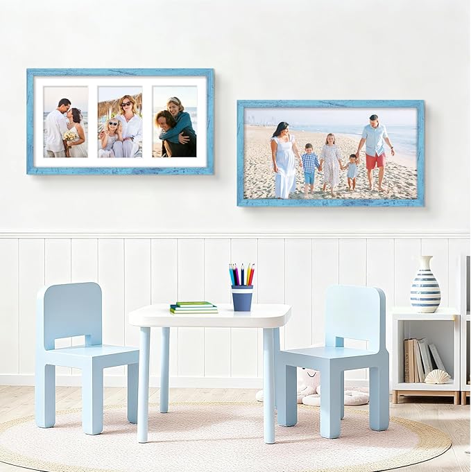 8x14 Collage Picture Frame 4x6 Collage Picture Frame Displays Three 4x6 inch Photos or 8x14 (Without Mat) for Available Horizontal Wall Mounting Display and Vertical Blue