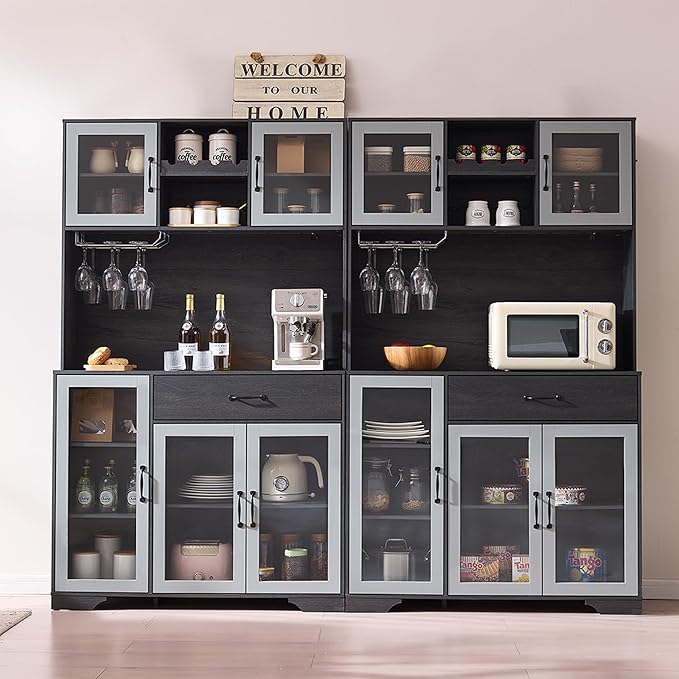 71" Tall Pantry Cabinet, Coffee Bar Storage Cabinet with Charging Station & LED Lights, Kitchen Hutch Food Pantry Cabinet with Wine Rack, Large Drawer, Adjustable Shelves & Microwave Stand, Grey