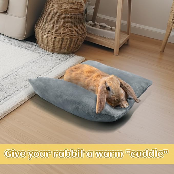 MEWTOGO 14" x 13" Bunny Bed for Rabbit Cage, Thickened & Soft | Prevent Sore Hocks Plush Mat with Cotton Lounger Pillows, Small Animal Flop Mat for Hutch Sleeping Indoor, Gray