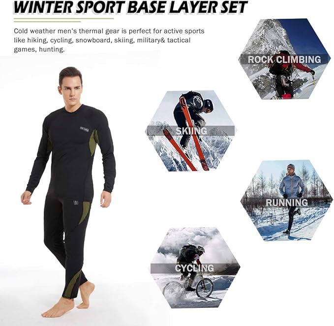 Men’s Thermal Underwear Set, Winter Fleece Lined Sport Long Johns Base Layer Quick Drying Thermo for Hunting Skiing