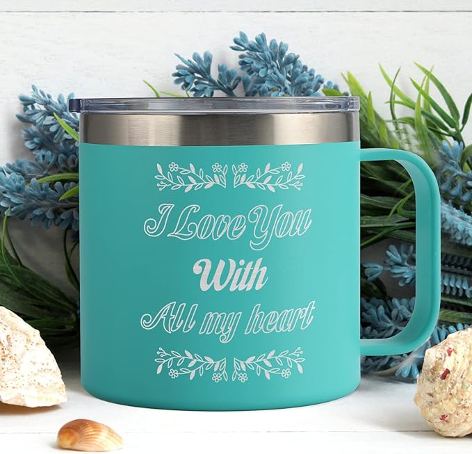 Personalized Insulated Coffee Tumbler - 14oz Engraved Stainless Steel Coffee Mug - Personalized Travel Mug with Handle and Lid - Ideal Customized Gift for Women, Men, Friends