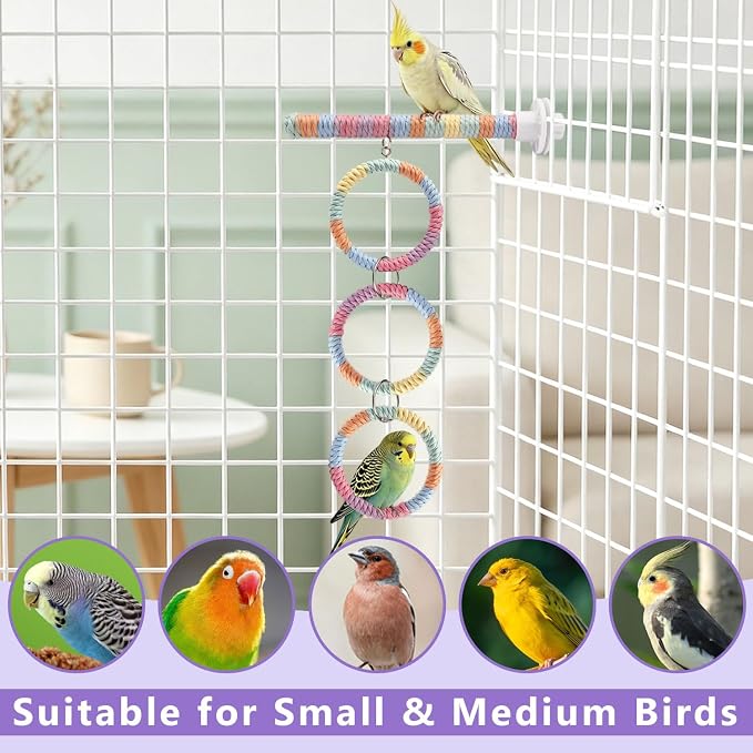 Litewoo 3-Ring Bird Swing Parrot Perch Colorful Cotton Rope Chew Climbe Toy | Colorful soft cotton rope, adjustable length for multi-level play, durable metal connections, for parakeet/budgie/conure