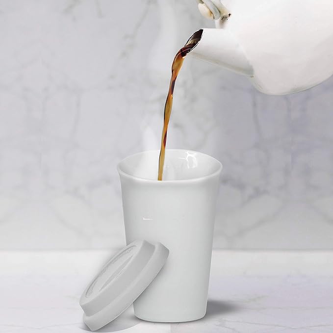 DISCOUNT PROMOS 11 oz. Double Wall Ceramic Tumblers with Lid - 6 Pack - White