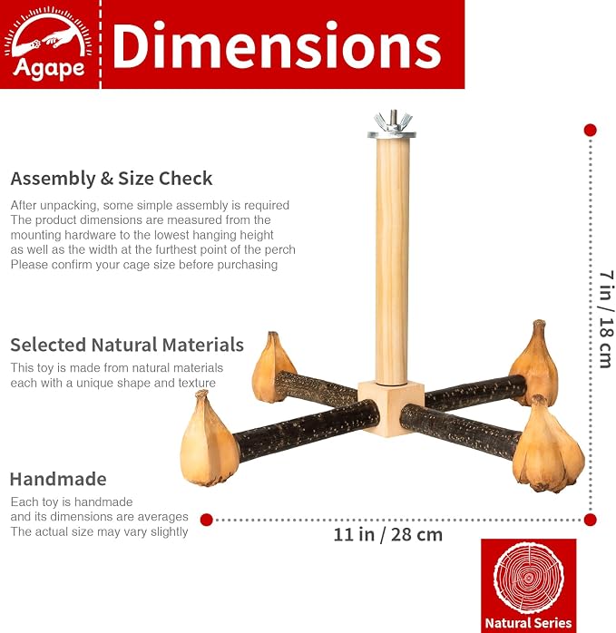 Agape Rotating Parrot Perch with Chew Toy, Wooden Stand for Small Birds | Natural Bird Cage Accessory for Parakeets, Cockatiels, Lovebirds, Conures, Budgies, Helps Reduce Boredom & Encourage Exercise
