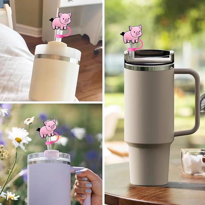 Animal Straw Toppers For Stanley Cups;Straw Covers Cap Toppers Compatible With Stanley 30&40 Oz Tumbler, Reusable & Silicone Tumbler Straws Topper For 0.4 Inch Tips Animal Lover Gifts (Pig)