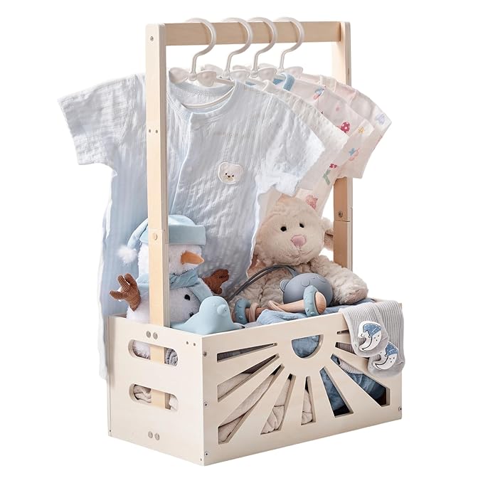 Wooden Baby Shower Crate Closet, Baby Basket with Adjustable Handle, Baby Clothing Rack,Storage Crate Hamper, Baby Shower Wooden Gift Crate, Baby Personailzed Basket for Pregnancy New Parent
