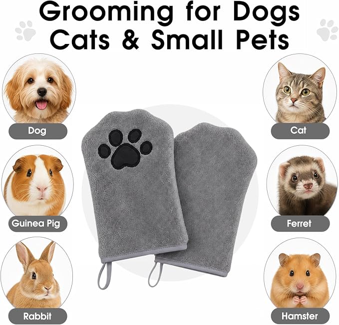A Pair of Microfiber Reusable Pet Grooming Towel Gloves, Machine-Washable Double-Sided Bath Mitts, Dirt & Odor Removal Cleaner for Dog and Cat Paws & Coat (Grey)