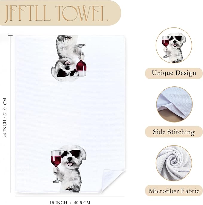Funny Maltese Kitchen Towels Set of 2, Funny Kitchen Decor, Wine Station Wine Bar Decor, Black and White Maltese Owner Gift Hand Towel, Dining Room Decorative Tea Towel Dish Towels 16x24 Inch