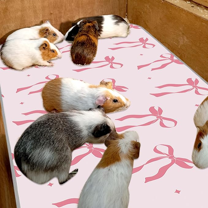 JarThenaAMCS 3 Packs Guinea Pig Pee Pads 24" x 47" Reusable Guinea Pig Pee Mat Pink Bow Washable Small Animal Cage Liner for Rabbit Hamster Chinchilla Ferret Rat