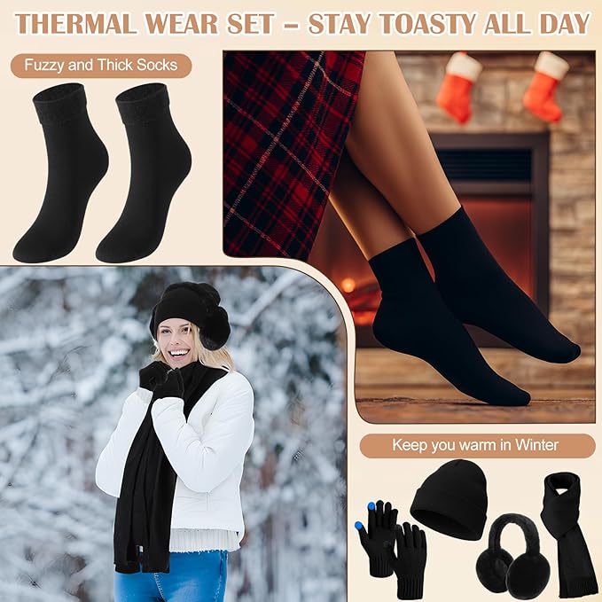 Geyoga 6 Pcs Women Winter Beanie Hat Scarf Gloves Ear Muffs Fuzzy Socks Set, Touchscreen Gloves for Thermal Gift Cold Weather