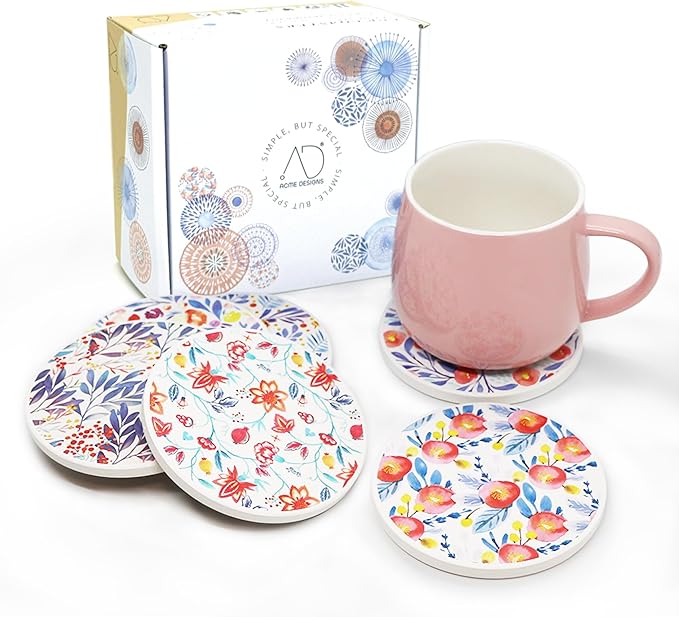 AD Set of 6 Coasters for Drinks Absorbing Round Ceramic Stone Coaster with Cork Base Tabletop Protection Mat for Mugs and Cups,Office,Kitchen (Watercolor Flowers with Holder)