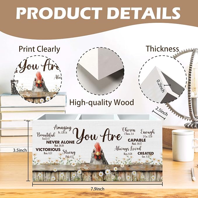 DILSJ Inspirational Chicken Pen Pencil Holder Organizer for Desk, Chicken Lovers Gifts for Women, Be Kind Be Brave Decor Wooden Box Signs for Home Office Desk Decoration Office & School Supplies