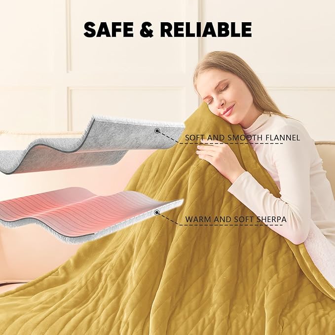 greenoak Heated Blanket Electric Throw 50"X60", Heating Blankets with 10 Heat Levels 8 Hours Auto-Off, Soft Flannel Sherpa Fluffy House Warming Gifts for Grandma Seniors Mom,Brownish Yellow
