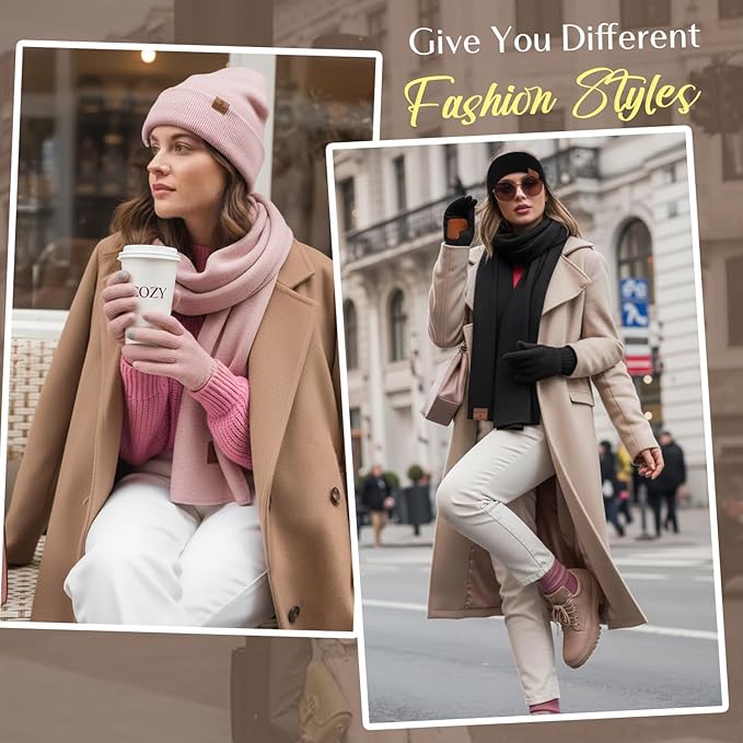 Womens Winter Warm Beanie Hats Gloves Scarf Headband Set Fleece Lined Ear Warmer Knit Scarf Touchscreen Gloves Winter Gifts