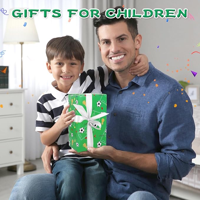 Ribbion Wrapping Paper Football Sheets with Sport Soccer Green White Mixed Design, Gift Wrap Set for Present, 6 Sheets, 28"Lx20"W per Sheet