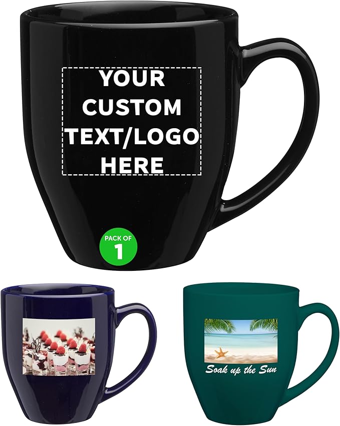Custom Large Coffee Cups 16 oz. Set of 1, Personalized Bulk Pack - Perfect for Tea, Espresso, Cappuccino, Hot Cocoa - Black