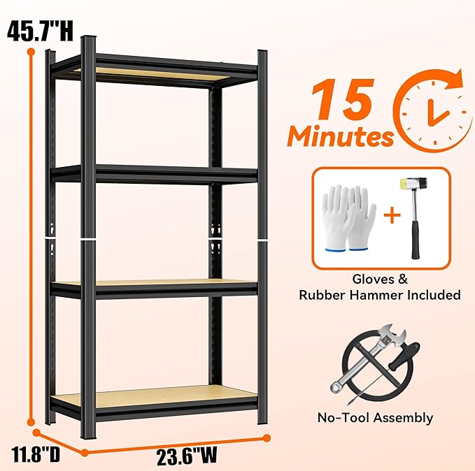 Garage Shelving Unit, Heavy Duty Adjustable Storage Shelves, Metal & Wood Pantry Shelf Organizer, 2000 lbs Capacity Shelves for Heavy Tools and Equipment, 4Tier-23.6" Wx x11.8 Dx x45.7 H