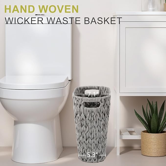 Grey Bathroom Accessories Set with Wicker Trash Can Shower Curtain and Rugs,Bathroom Sets Small Waste Basket Bathroom Trash Can for Bedroom Bathroom