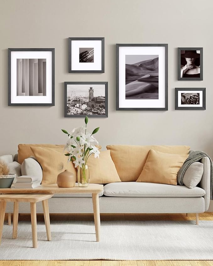 Egofine A4 Picture Frames Set of 4, Made of Solid Wood Covered by Plexiglass 4x6 and 6x8 with Mat or A4 without Mat, for Table Top Display and Wall Mounting Photo Frame Rustic Black